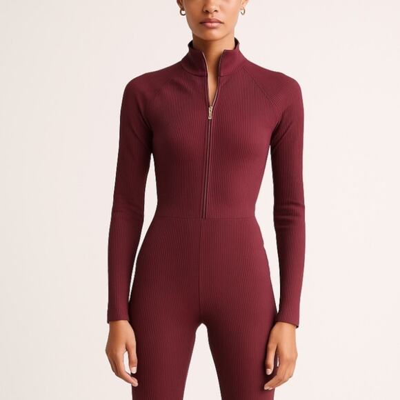 Athleta Alicia Keys Goddess Red Rib Long Sleeve Zip Up Bodysuit Jumpsuit XXS - Picture 11 of 11